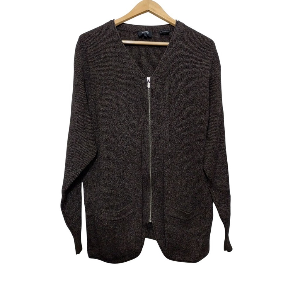 Hugo Boss Merino Wool Ribbed Knit Zip Up Pockets Cardigan Women's‎ L Preppy